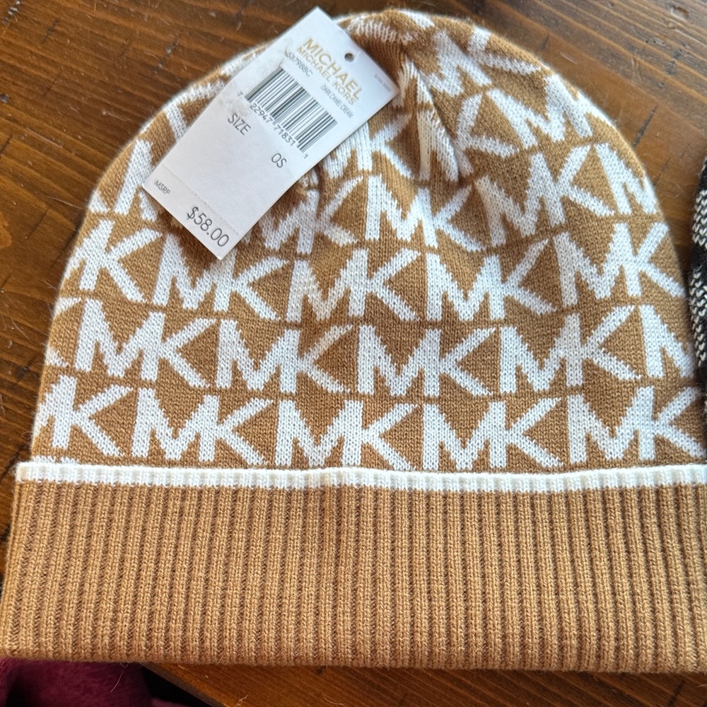 Michael Kors Black and Tan Logo Beanie Set - Picture 2 of 3